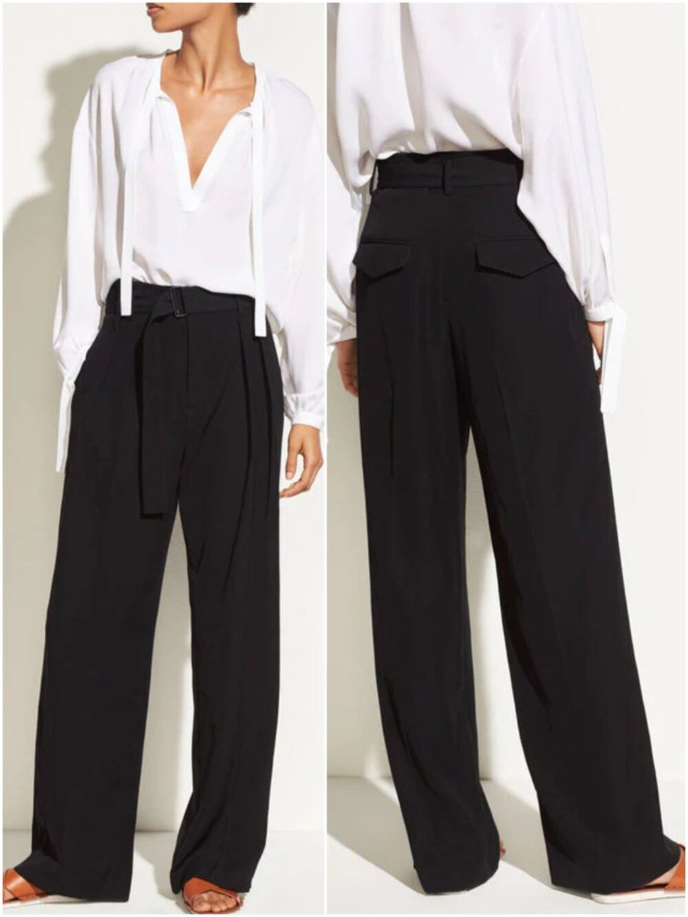 VINCE Belted Wide Leg Pants Tailored Trousers Pleated Black sz 10 Preppy Minimal